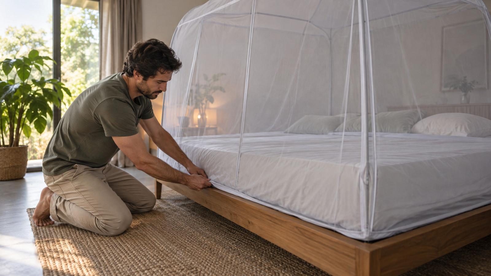 Geschlossenes Moskitonetz über einem Bett im Schlafzimmer