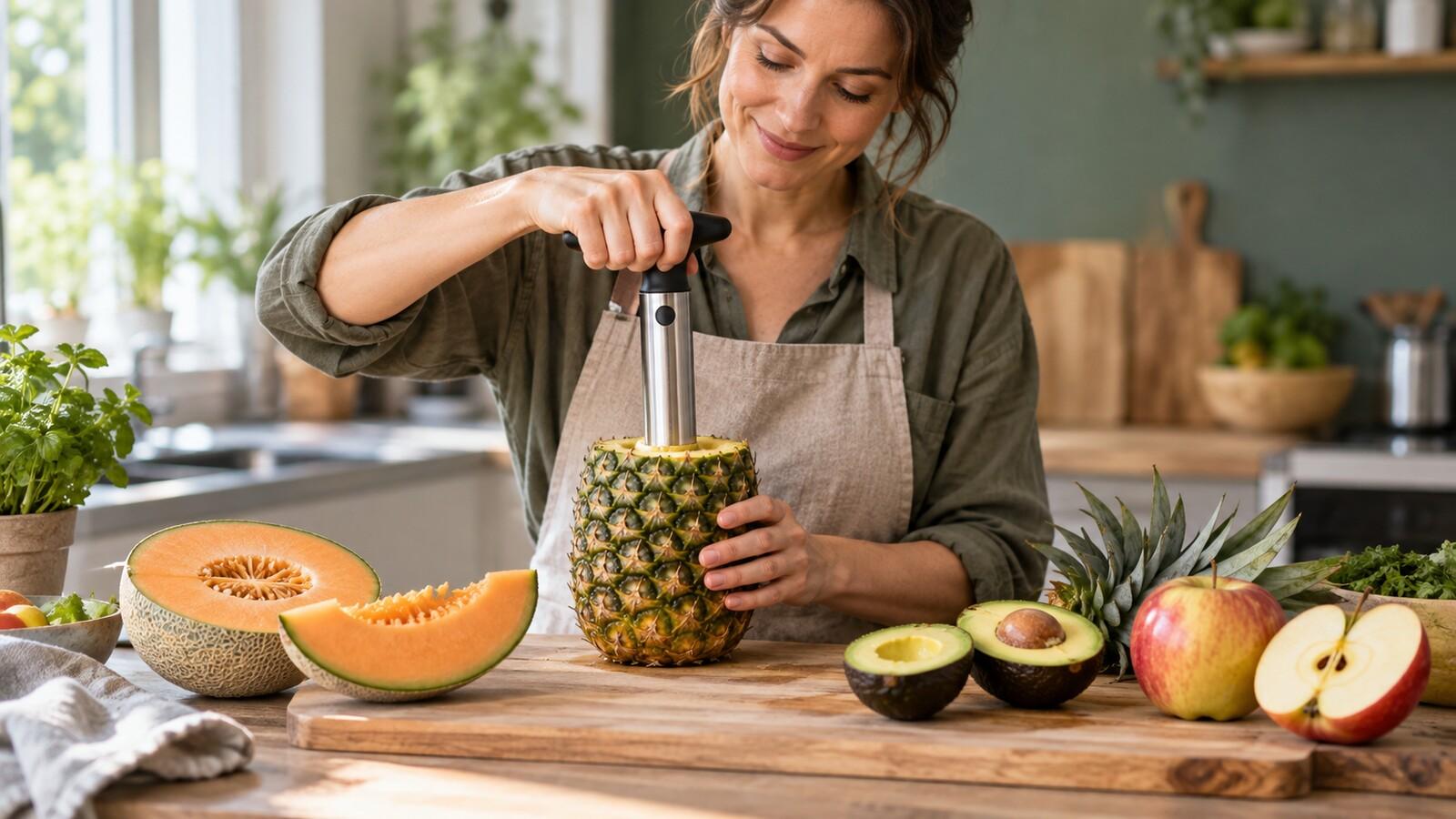Obst schneiden: Melone, Ananas, Apfel, Avocado