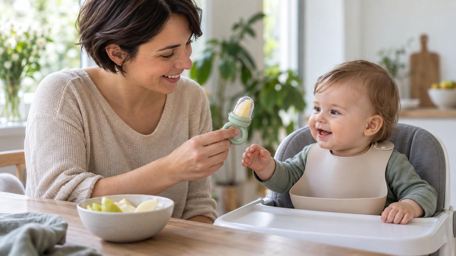 Erwachsener hält einen Fruchtsauger mit Obstfüllung neben einem sitzenden Baby am Esstisch