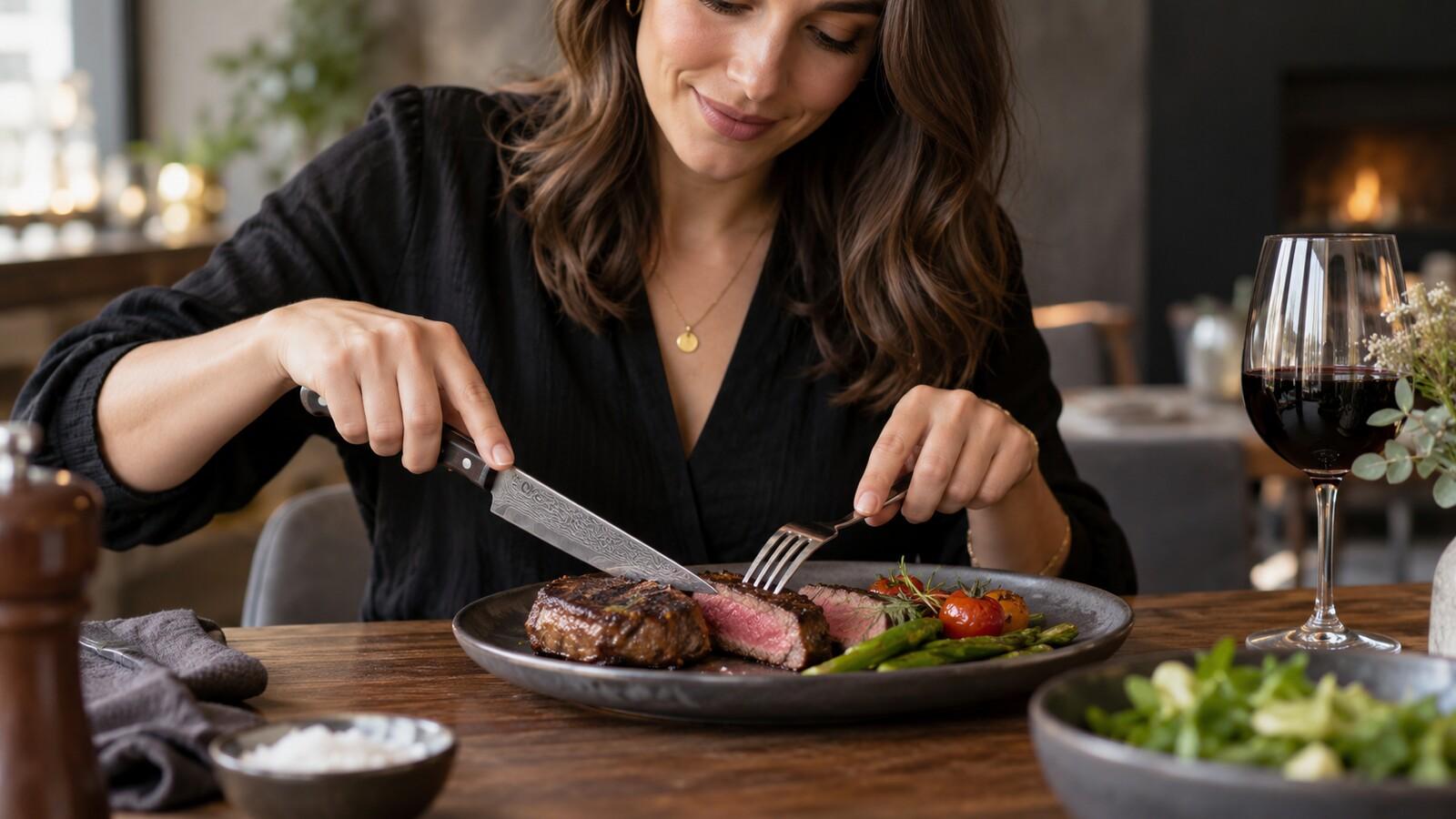 Person schneidet ein gegrilltes Steak am Teller mit einem Steakmesser