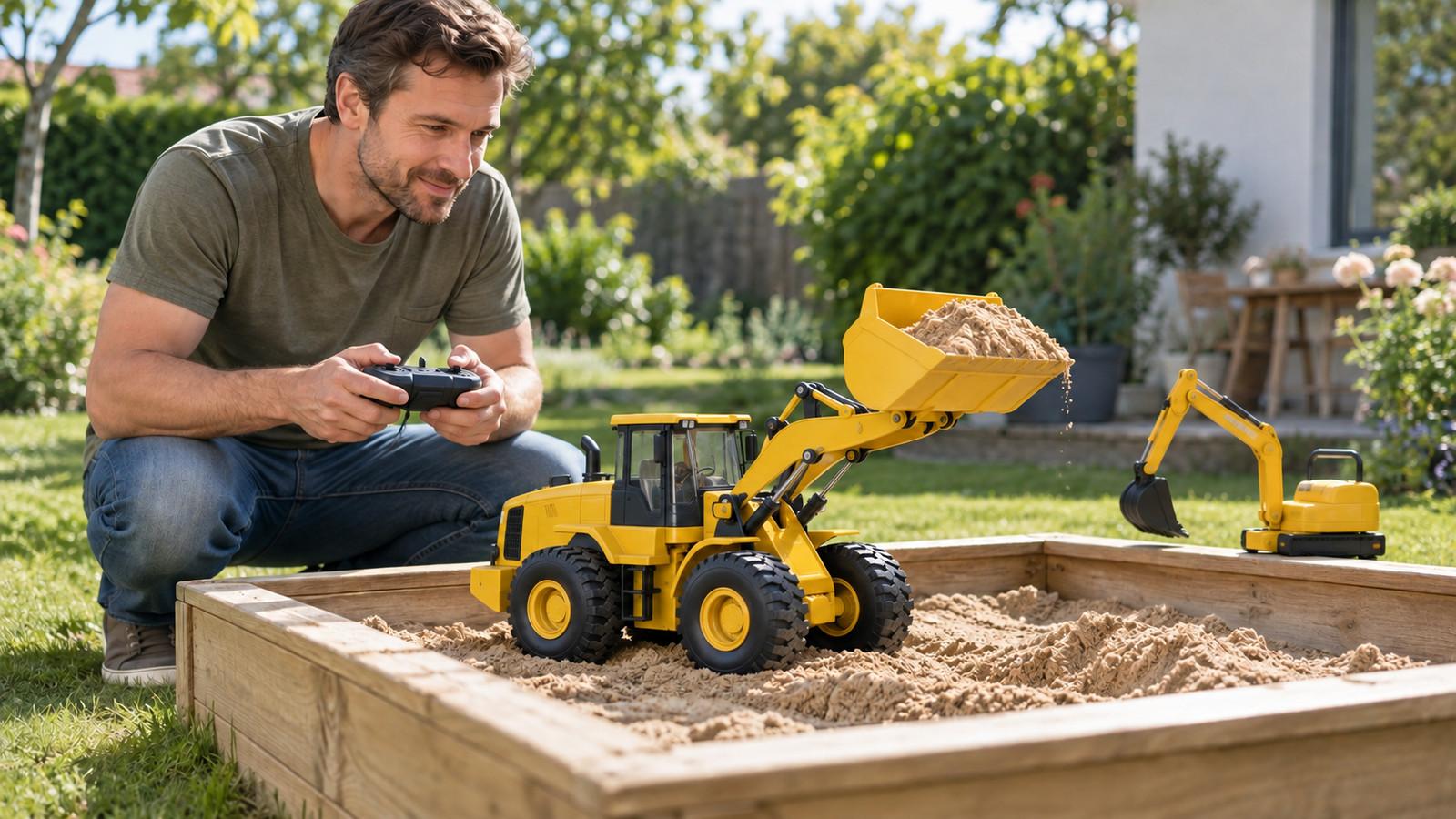 Erwachsener hebt die Schaufel eines RC-Radladers über einer Sandkiste im Garten