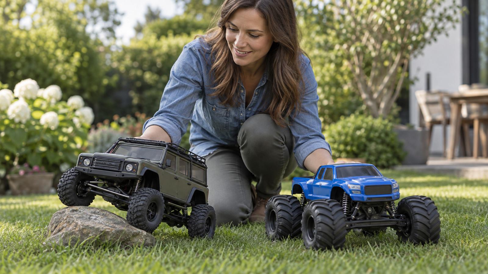 Erwachsener stellt einen langsamen RC-Crawler und einen Monstertruck nebeneinander auf den Rasen