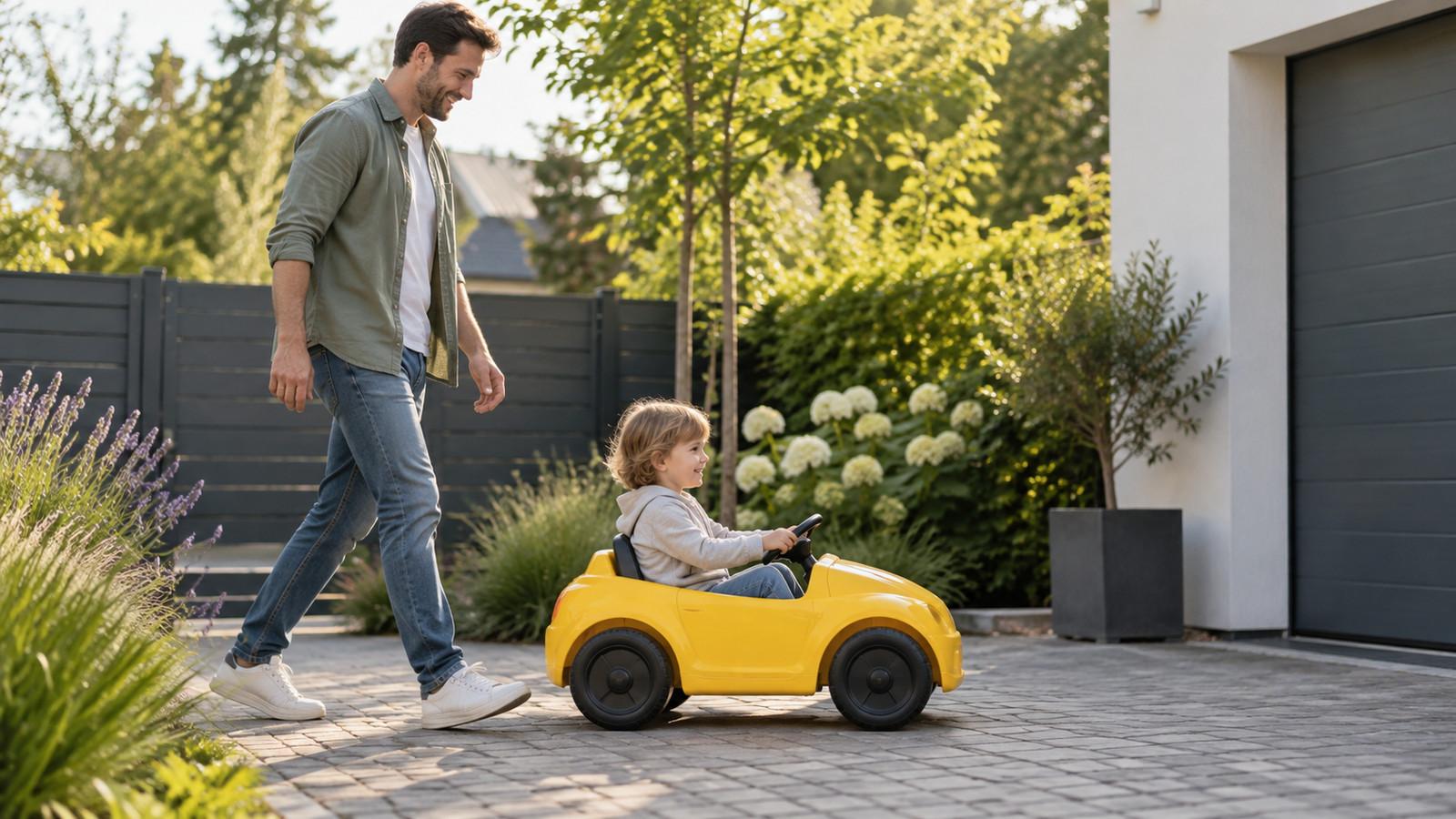 Kinder-Elektroauto draußen: Tempo, Akku und Gehweg