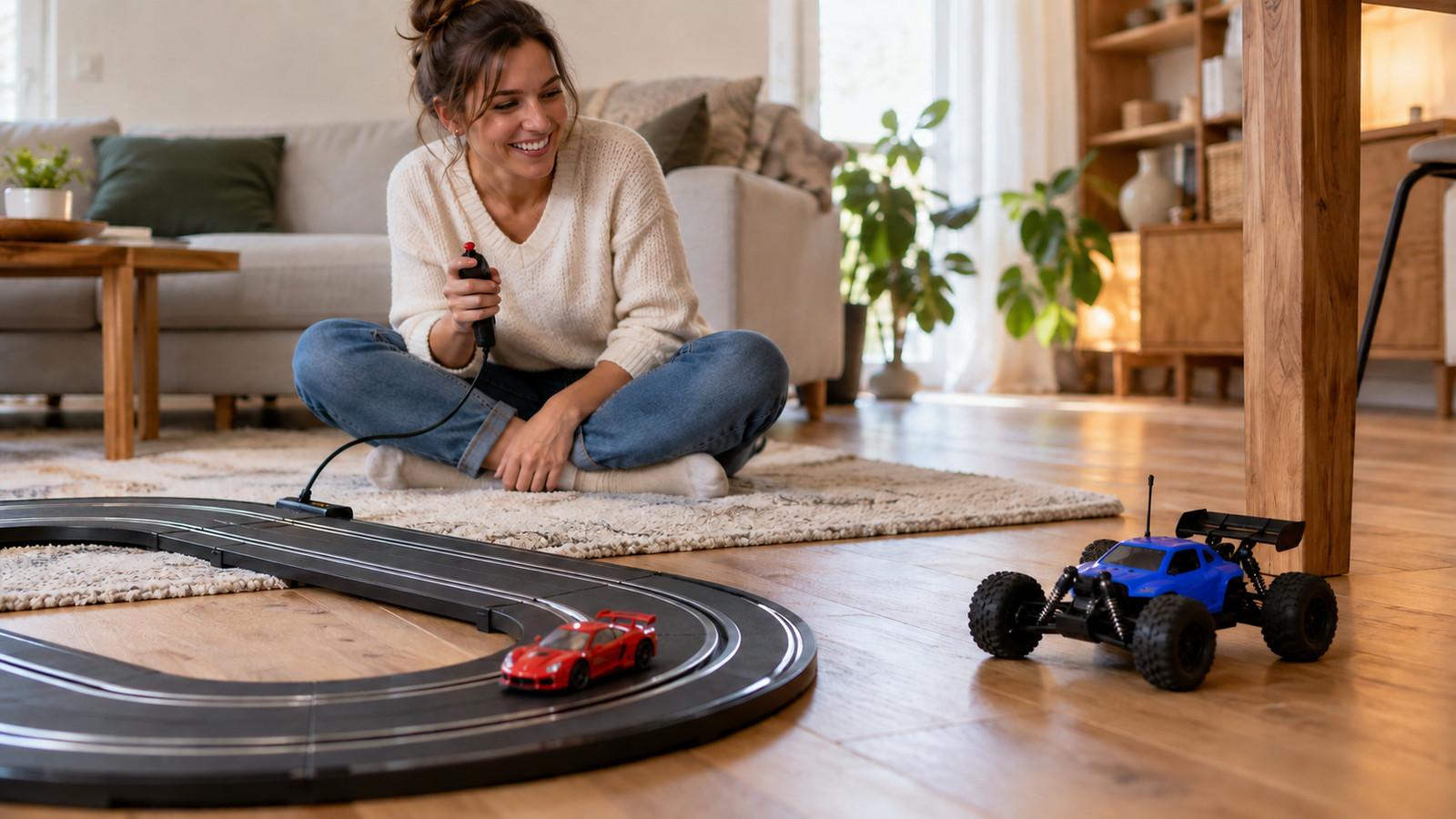 Erwachsener hält einen Handregler einer Slotcar-Bahn, daneben steht ein frei fahrendes RC-Auto