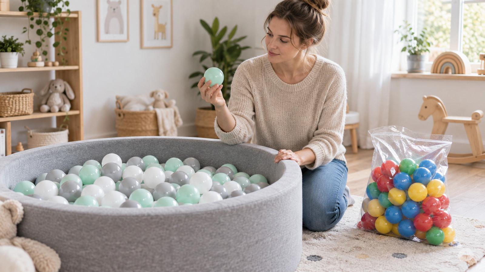 Bällebad mit Kugeln in Weiß, Grau und Mint, daneben eine Packung in Rot, Grün, Blau und Gelb