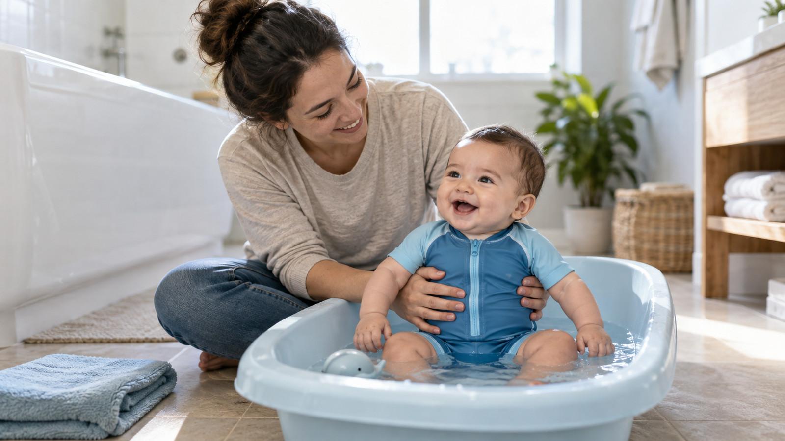 Erwachsenenhände am Säugling in einer flachen Babybadewanne