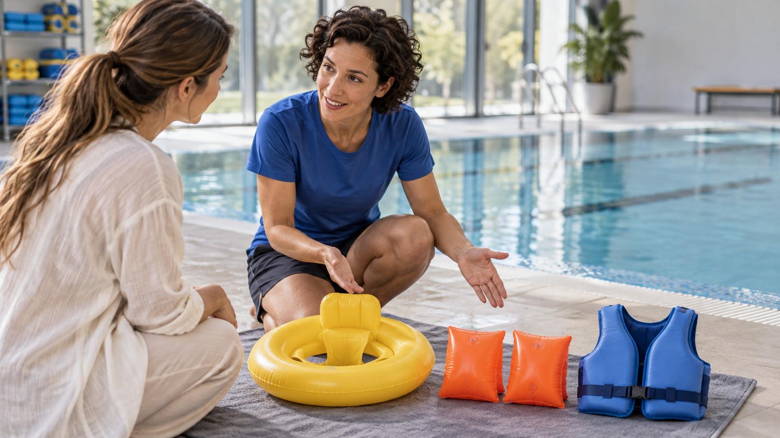 Sitz, Schwimmflügel und Lernweste für Kinder nebeneinander am Beckenrand