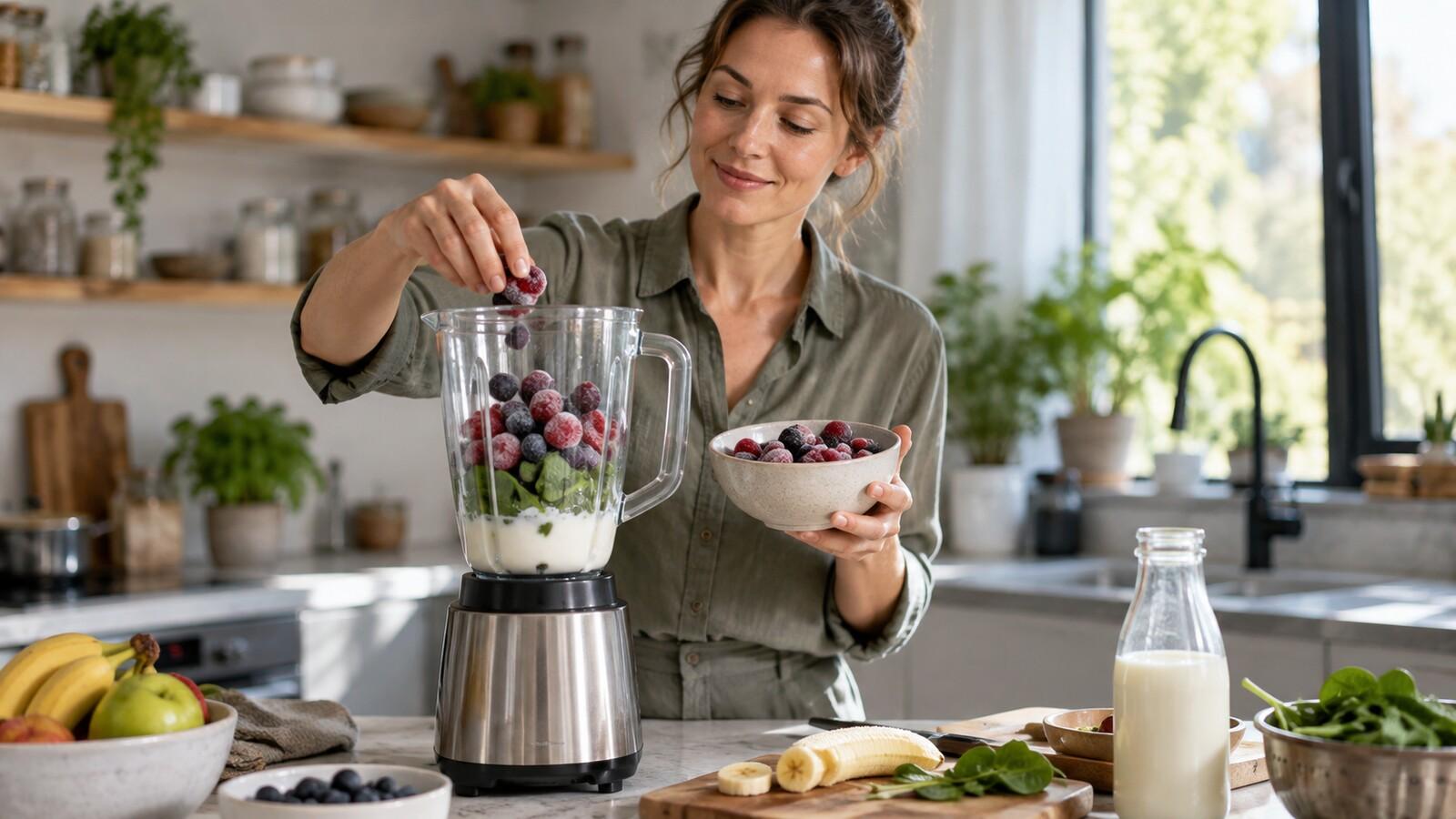Smoothie-Zutaten geschichtet in einer Mixerkanne mit Flüssigkeit unten und gefrorenen Früchten oben