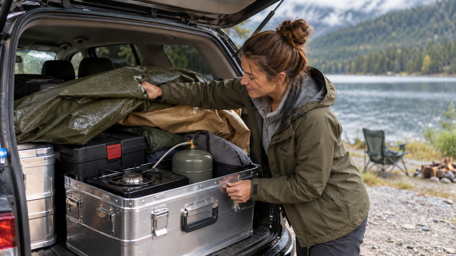 Aluminium-Transportbox im Kofferraum für Camping gepackt