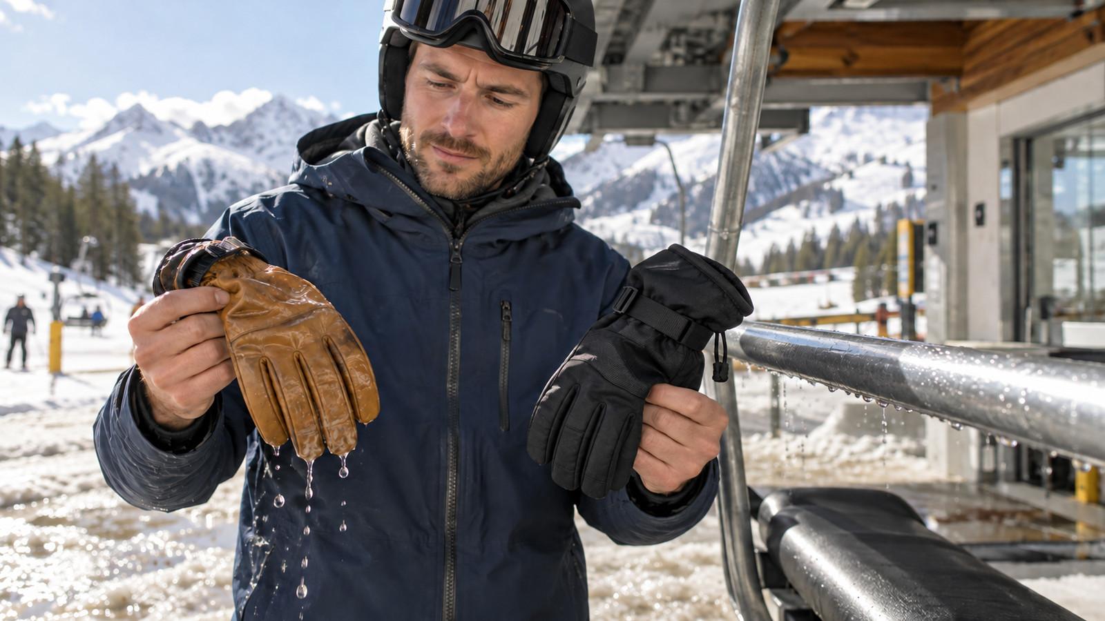 Nasser Leder-Skihandschuh am Liftbügel neben einem Membranhandschuh im Sulz