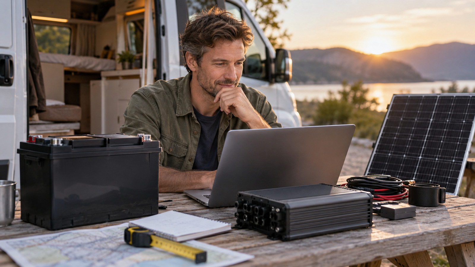 Wohnmobil-Bordstrom mit Aufbaubatterie, Ladebooster und Solarmodul als Kostenübersicht