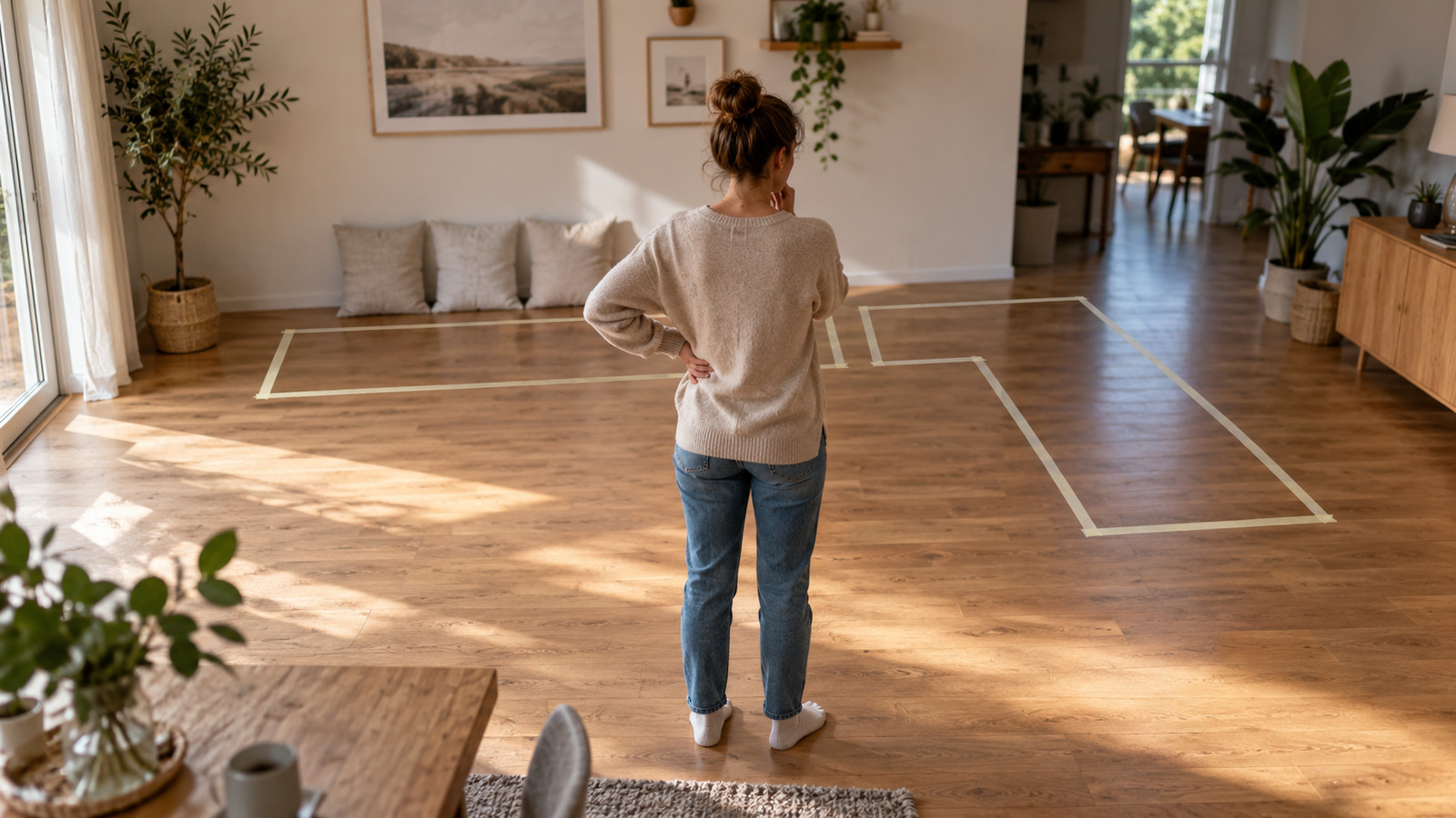 Grundriss-Skizze mit Kreppband: gerader 3-Sitzer an der Wand neben einer L-förmigen Ecksofa-Fläche