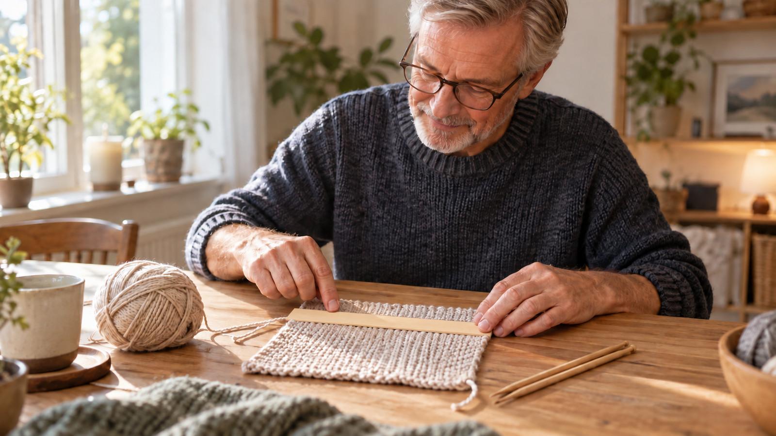 Gestrickte Maschenprobe mit Maßband auf den inneren zehn Zentimetern
