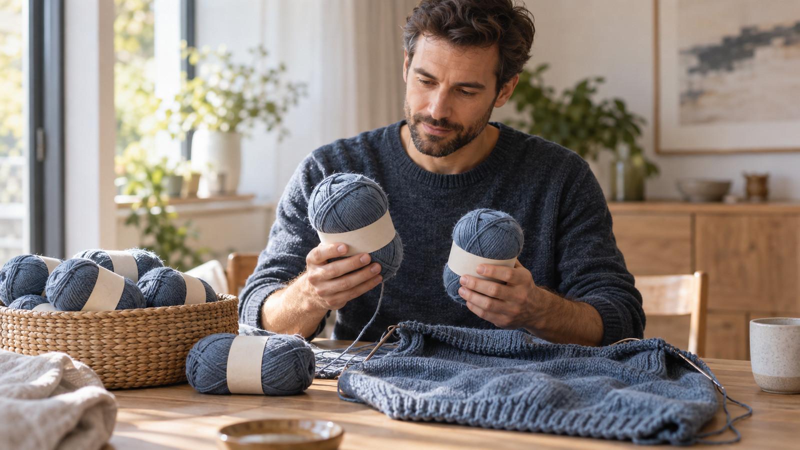 Garnknäuel mit Banderole neben einem angefangenen Pullover