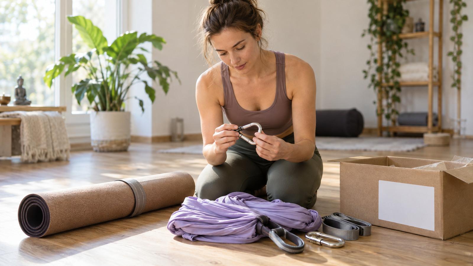 Yogamatte und Hänge-Set auf dem Boden, daneben ein Prüfzeichen-Aufkleber auf der Verpackung