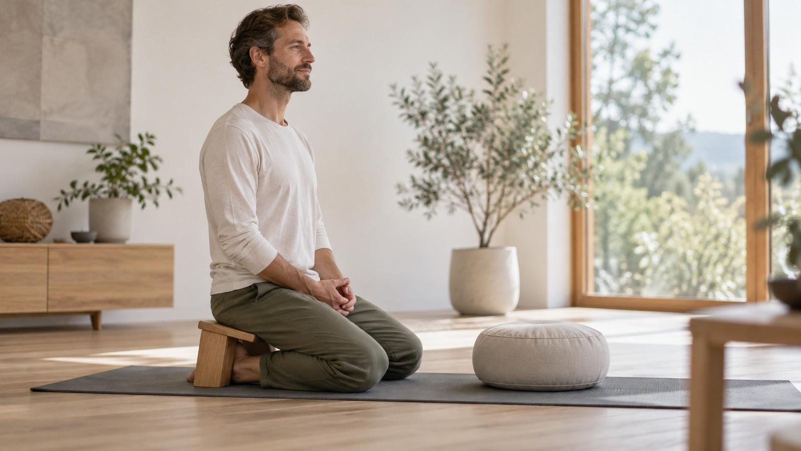 Meditationskissen und Meditationsbank nebeneinander auf einer Matte