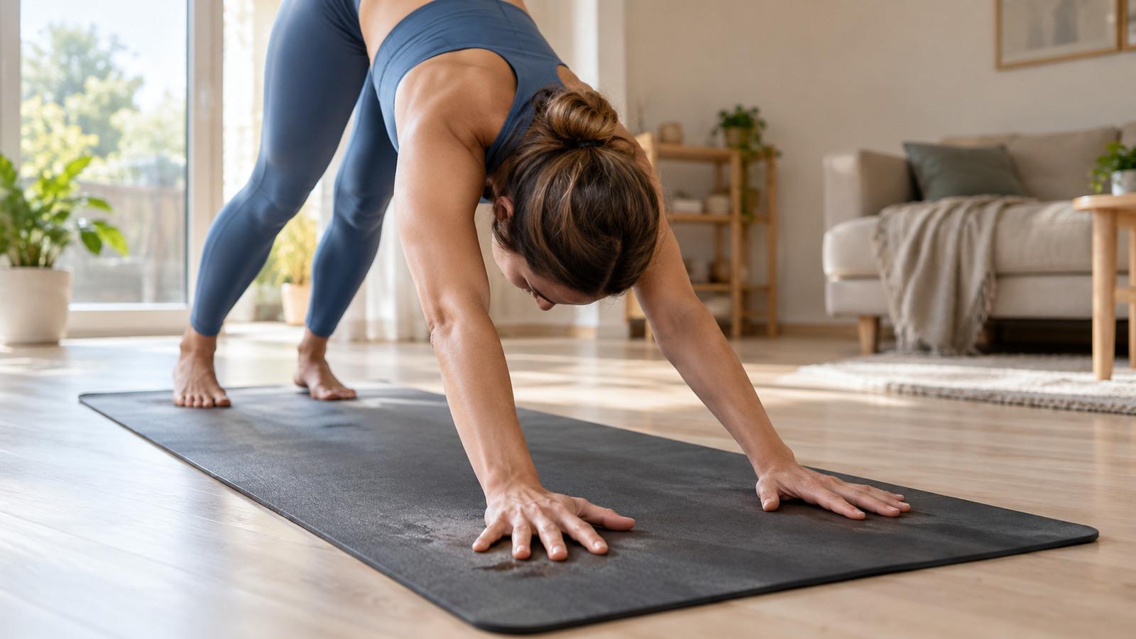 Hände im herabschauenden Hund auf einer Yogamatte, die auf glattem Laminat liegt