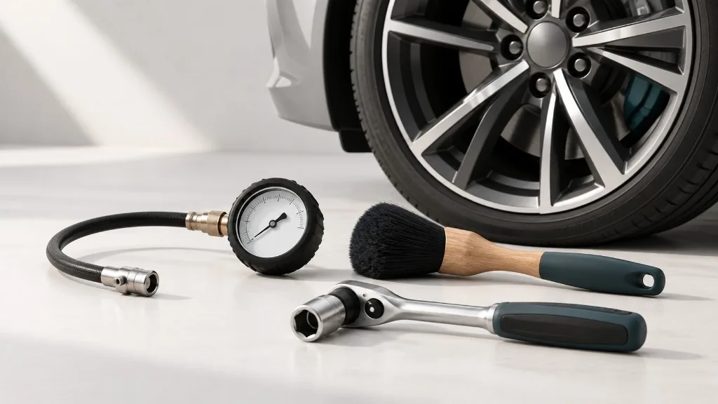 Reifendruckmesser, Felgenbürste und Ratschenschlüssel neben einem Autoreifen