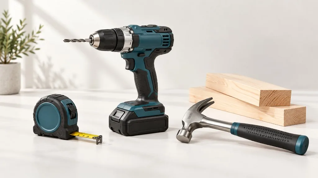 Akkubohrschrauber, Hammer und Zollstock auf einer Werkbank – Baumarkt-Produkte