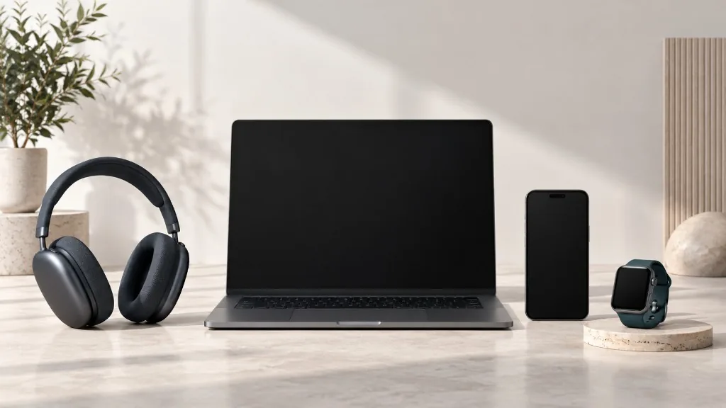 Kopfhörer, Laptop, Smartphone und Smartwatch auf einem Schreibtisch