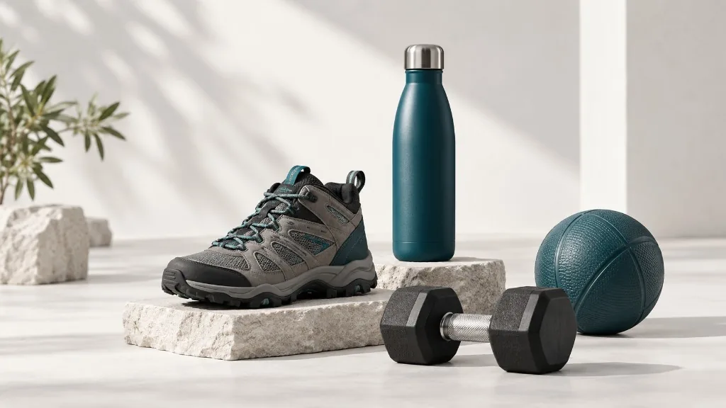Wanderschuh, Trinkflasche, Hantel und Ball – Freizeit- und Sportprodukte