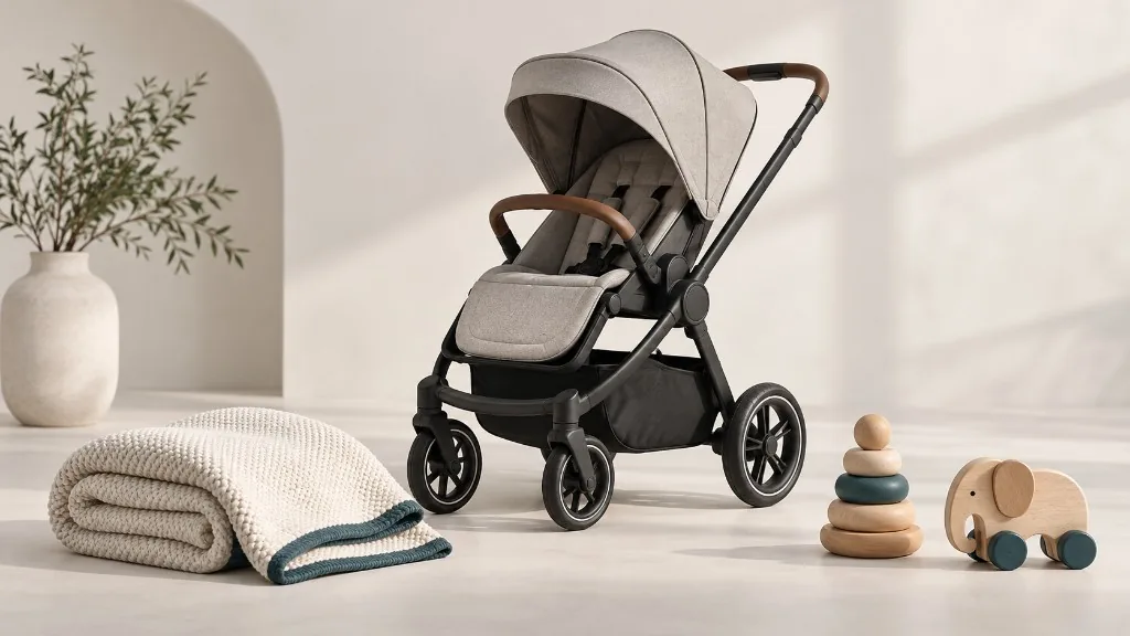 Kinderwagen, Babydecke und Holzspielzeug in einem hellen Kinderzimmer