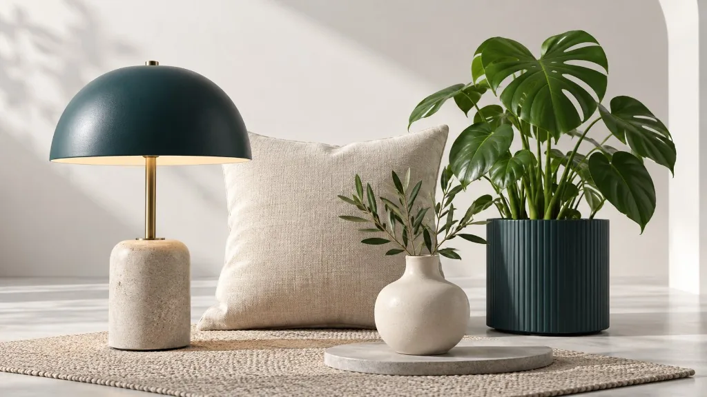 Tischlampe, Kissen, Vase und Zimmerpflanze in einem Wohnzimmer