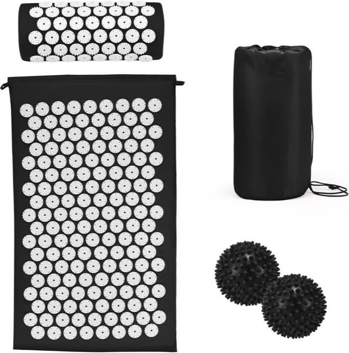 Akupressurmatte Akupunktur matte mit Kissen, inklusive Tragetasche und zwei Massagekugeln - Schwarz