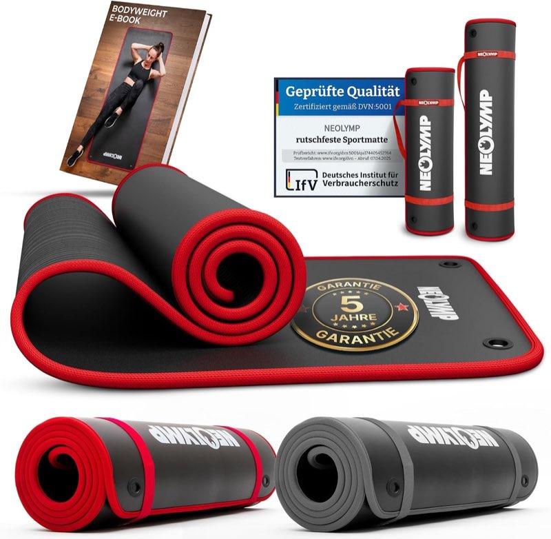 NEOLYMP extra dicke Fitnessmatte rutschfest mit Aufhänge-Ösen inkl. Tragegurt und E-Book