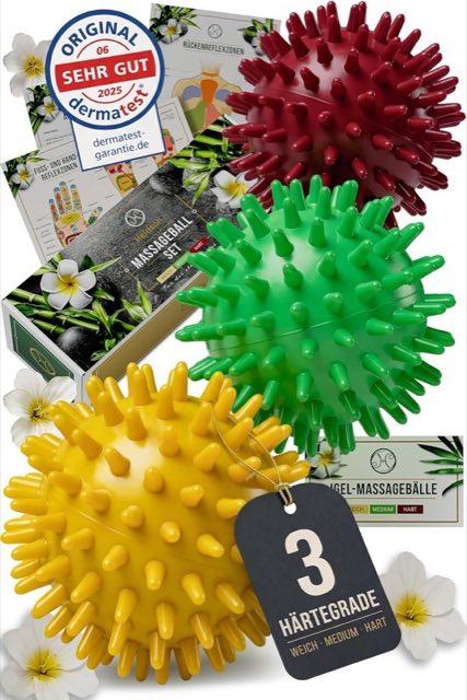 HELDSON Igelball Set – 3 Massagebälle mit Noppen, weich bis hart, Fuß, Hand