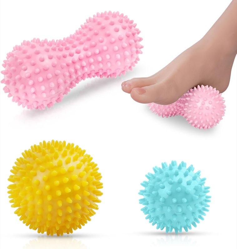 URAQT Massagebälle Faszienball, 3er Set Igelball Set, Spiked Massage Ball Hart, für Rücken Beine Füße Hände (Pink-Gelb-Blau)