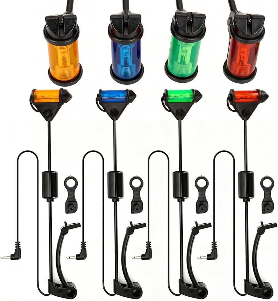 Hirisi Tackle Schnell Abnehmbarer Swinger-Bissanzeiger für das Karpfenangeln – 4er-Set mit LED-Licht, 2,5-mm-Klinkenstecker, inklusive Aufbewahrungsbox