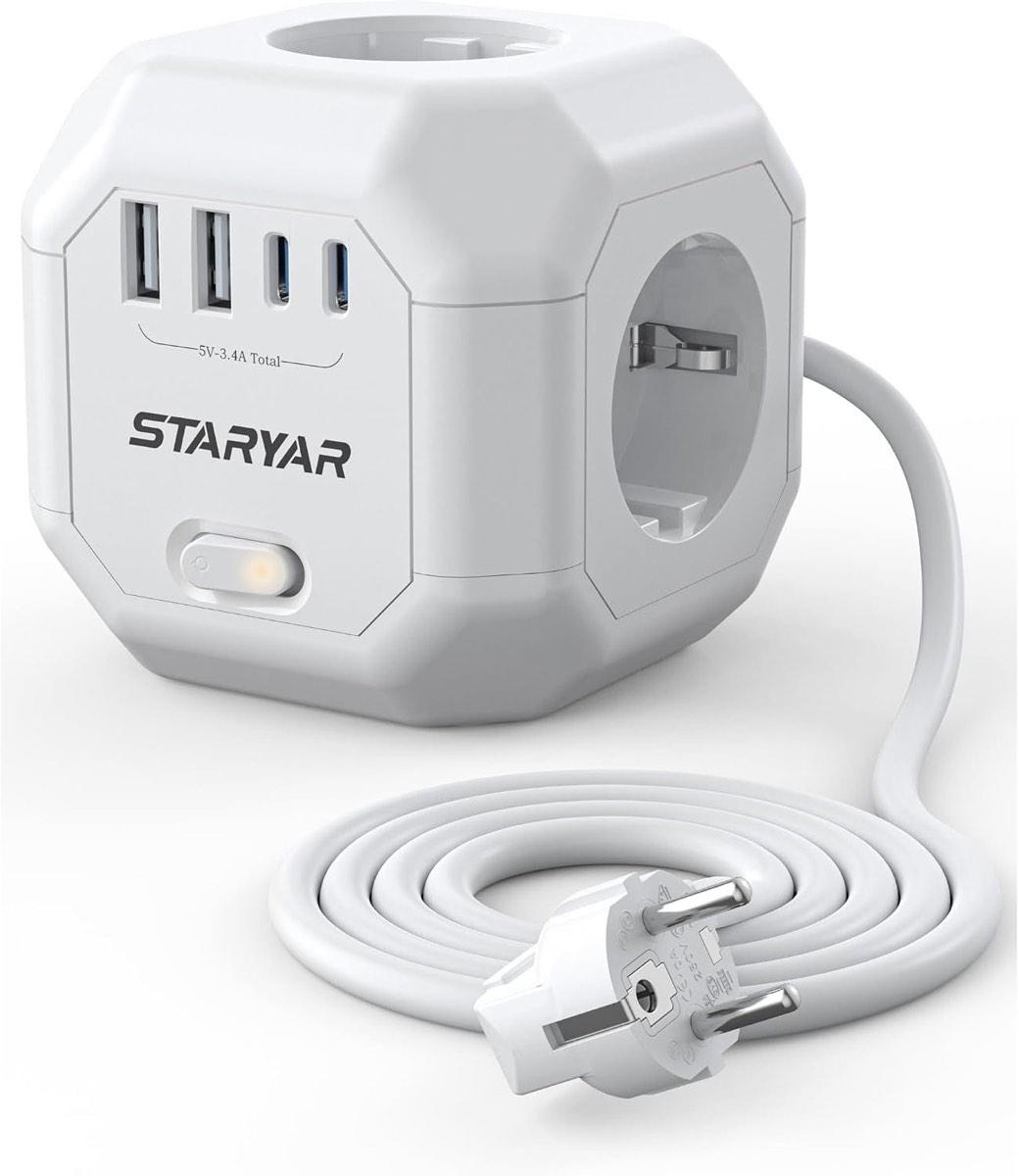 STARYAR Steckdosenwürfel 4-Fach mit 2 m Kabel