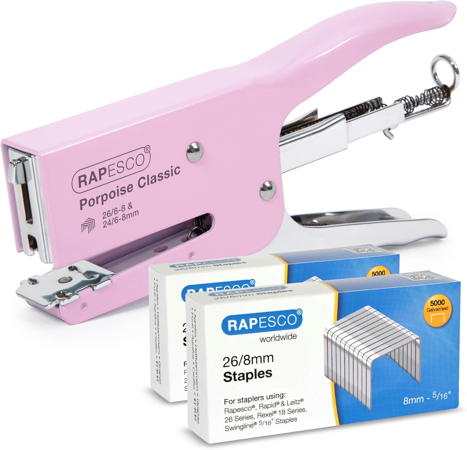 Heftzangen – Testsieger Rapesco 1356A Porpoise Classic Heftzange mit 10.000 Heftklammern, Rosa