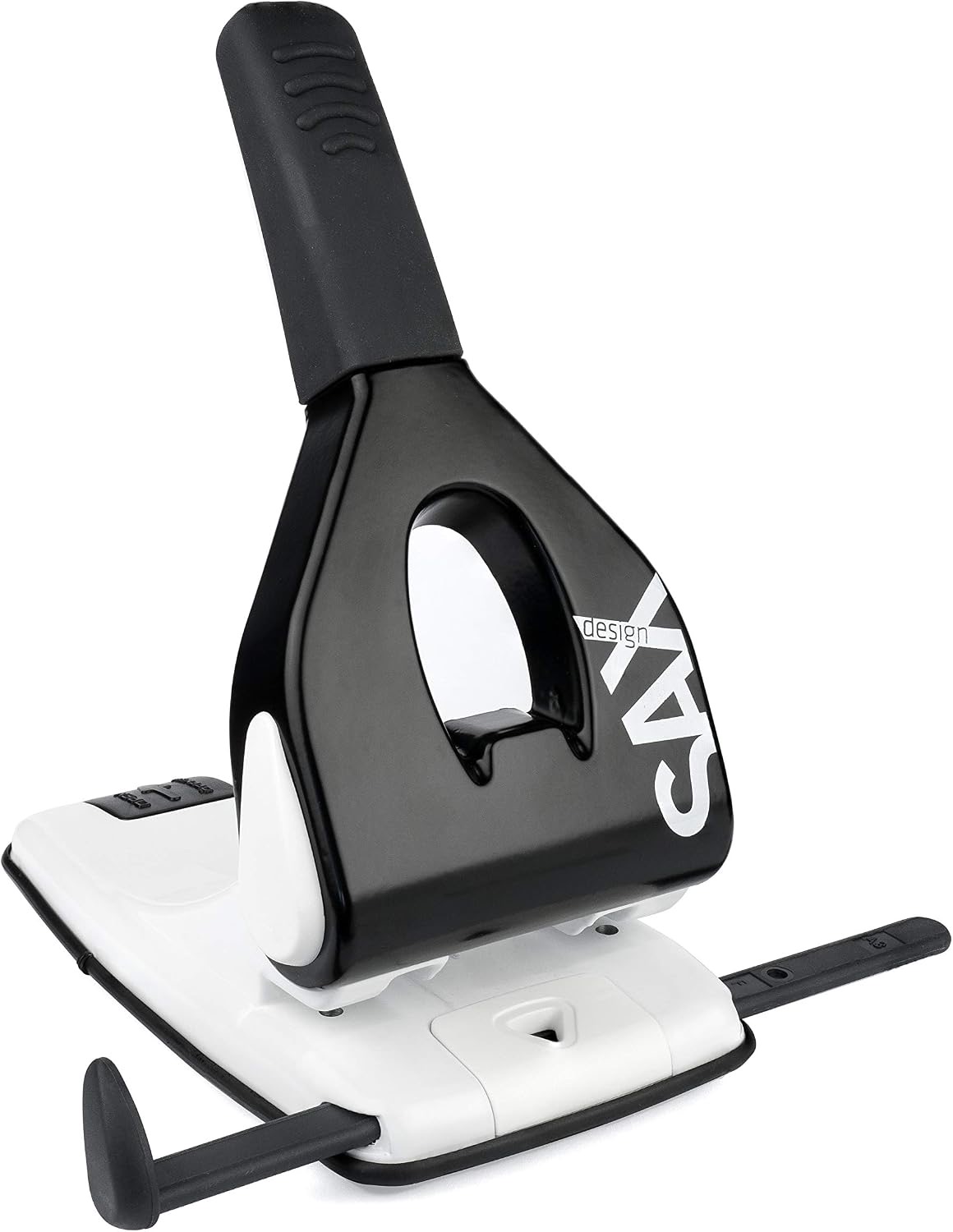 SAX 618 Kraftlocher/Starklocher - 65 Blatt Kapazität, Mit Anschlagschiene & Auffangschale, für DIN & US Formate, Kraftsparende Technologie, Rutschfeste Griffzone, Schwarz