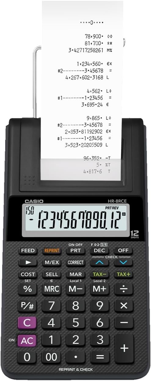 Casio CASIO HR-8RCE-BK druckender Rechner, Schwarz, 12-stelliges LC-Display