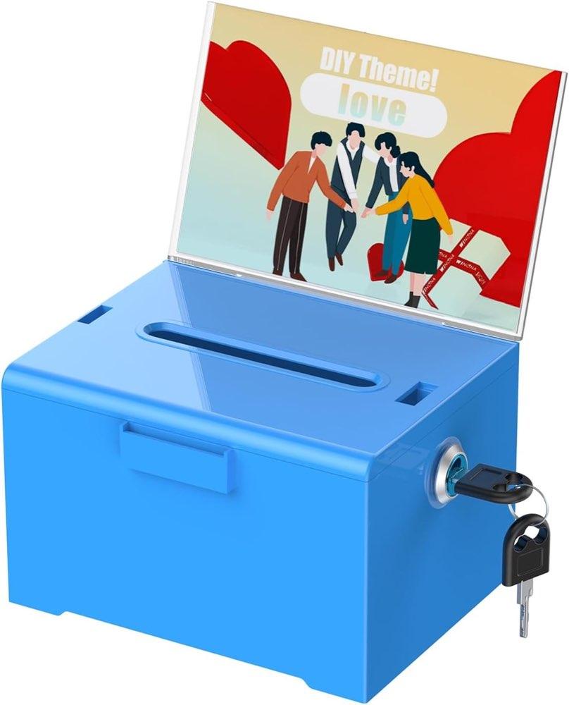 Uniclife Acryl-Spendenbox blau – Schloss & Schlitz