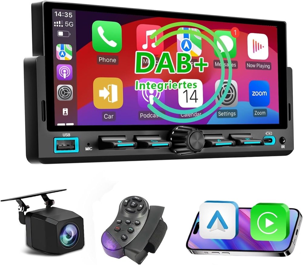 DAB+ 6,9 Zoll 1 Din Autoradio mit Drahtlosem CarPlay & Android Auto, Bluetooth, Full-Touch-Display FM, 、, Rückfahrkamera und Mikrofonunterstützung/Lenkrad-Steuergerät