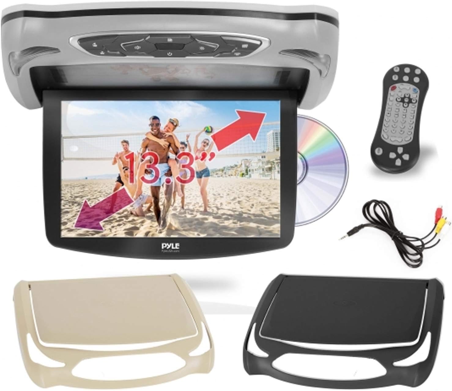 Pyle Pyle 13,3 Zoll Auto Fernseher mit DVD Player – Dachmonitor für Auto mit HDMI, USB & SD, 1280x800 HD Bildschirm, IR Sender für Kopfhörer, inkl. 3 Wechselcover