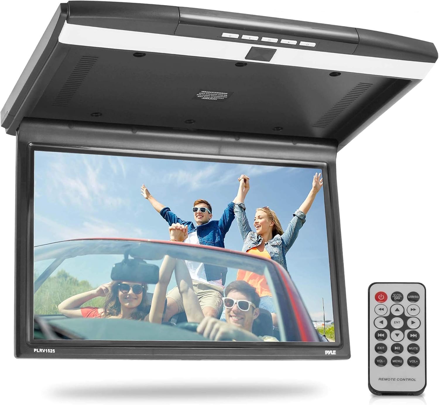 Pyle Pyle 15,6 Zoll Auto Monitor – Dachmonitor mit 1680x800 HD Bildschirm, HDMI, USB, SD & AV, IR & FM Transmitter, integrierte Stereo Lautsprecher