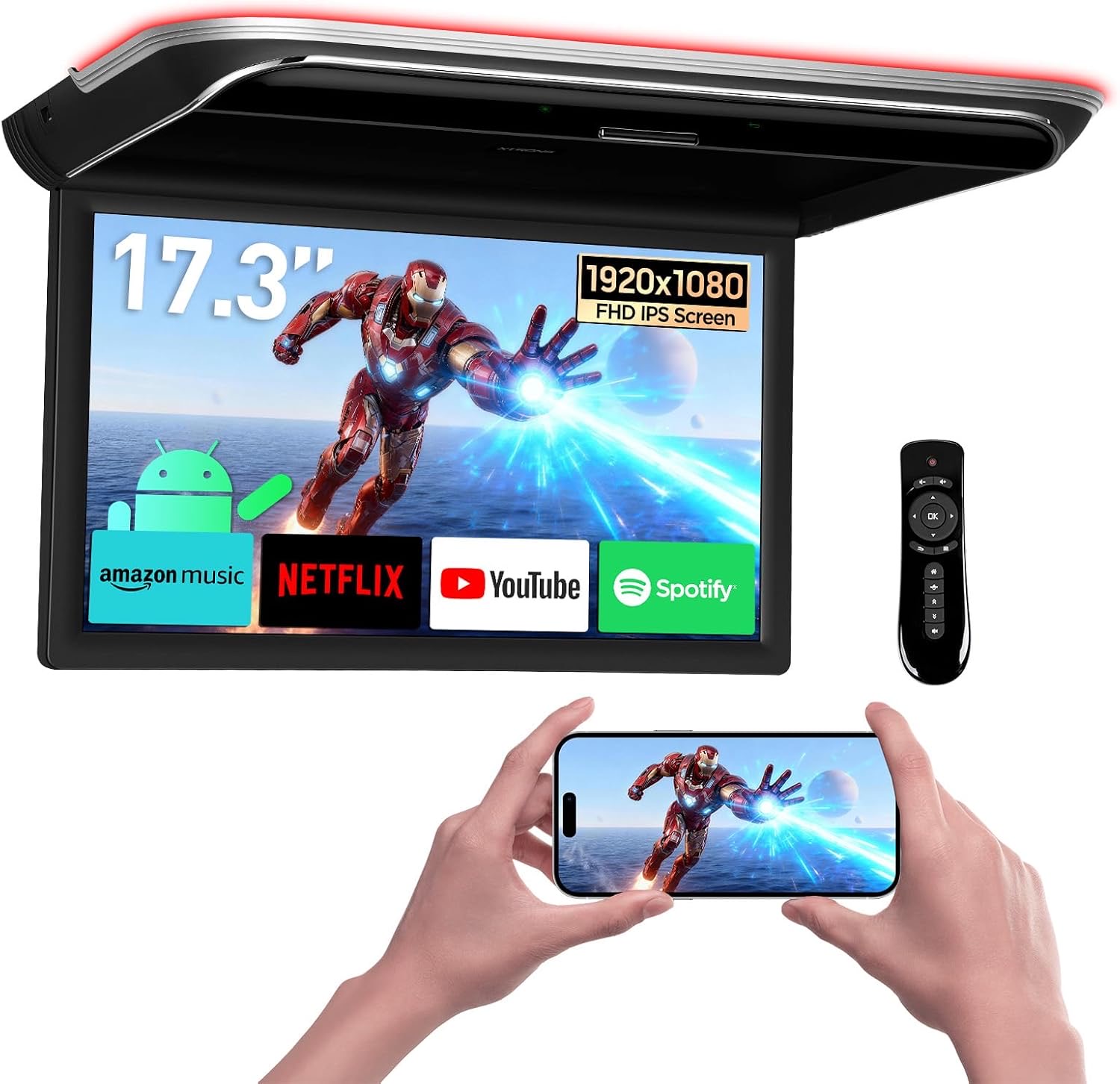 XTRONS 17,3 Zoll Auto Deckenmonitor mit FHD Bildschirm 2+32GB HD-Eingang