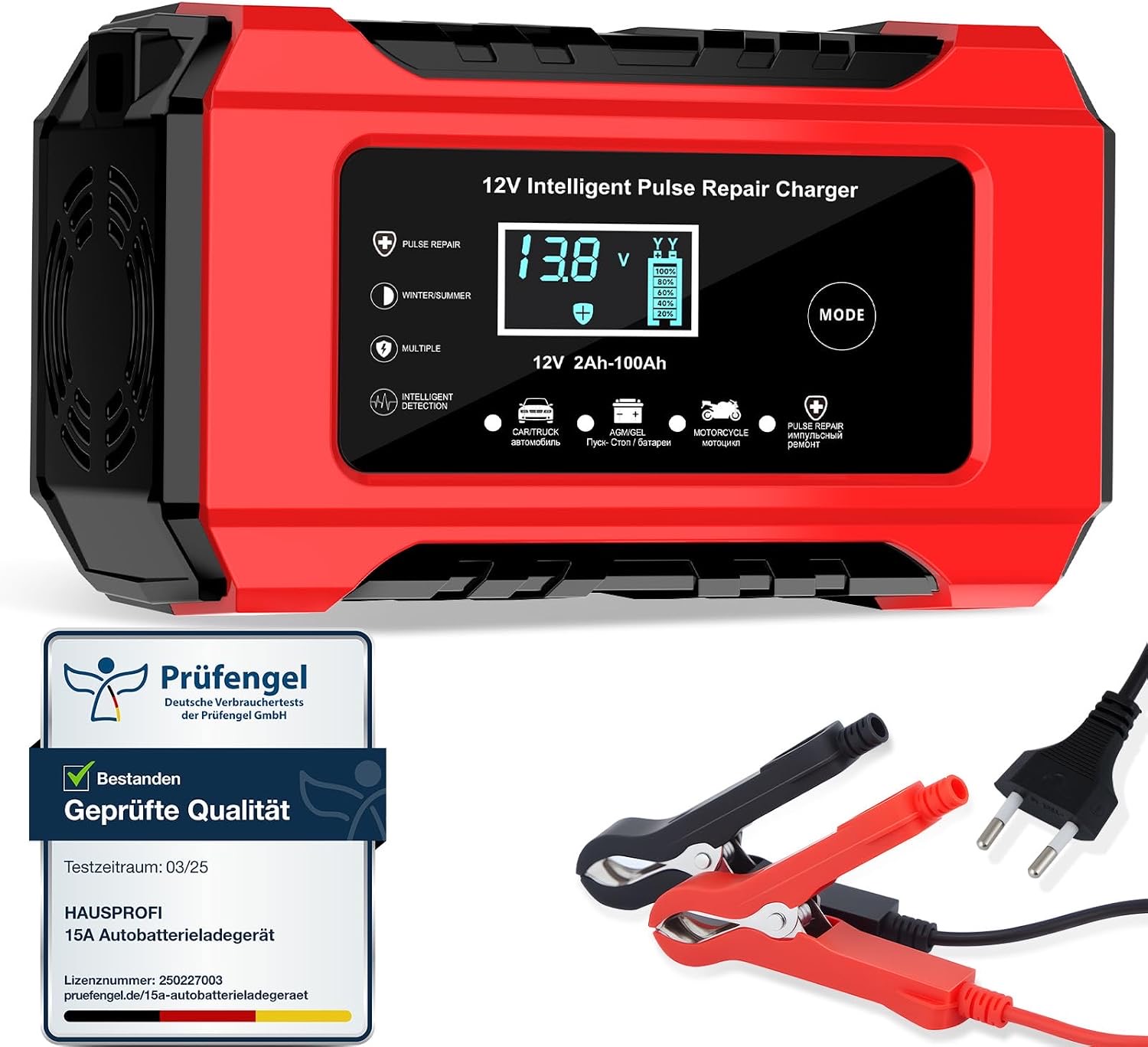 HAUSPROFI Autobatterie Ladegerät 12V 6A, HAUSPROFI KFZ Batterieladegerät mit Reparaturfunktion & Wintermodus, Erhaltungsladegerät für Auto, Motorrad, AGM, Gel Batterie