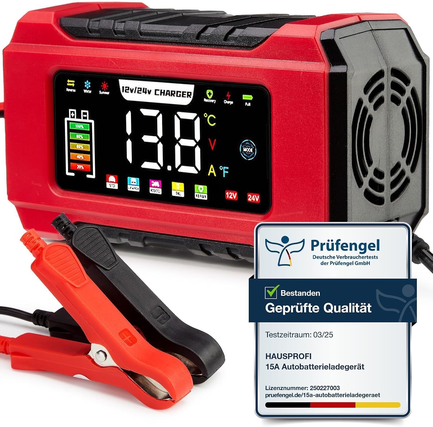 HAUSPROFI 15A Autobatterieladegerät 12V/24V mit Reparaturmodus & Erhaltungsladung, 9-Stufen-Ladung, LCD-Display für Auto, LKW, Motorrad, Boot - Kompatibel mit Blei-Säure, AGM, EFB, LiFePO4 Batterien
