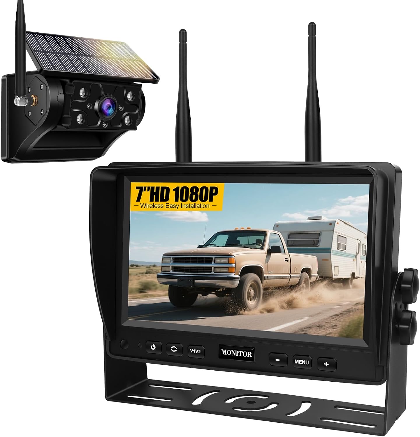 Rückfahrkamera Kabellos Solar Magnetische Rückfahrkamera Funk mit 9900mAh Akku für LKW, Wohnmobil, Anhänger und Wohnwagen. IP69 Wasserdicht, 4IR Nachtsicht, 7" 1080P Split-Screen-Monitor