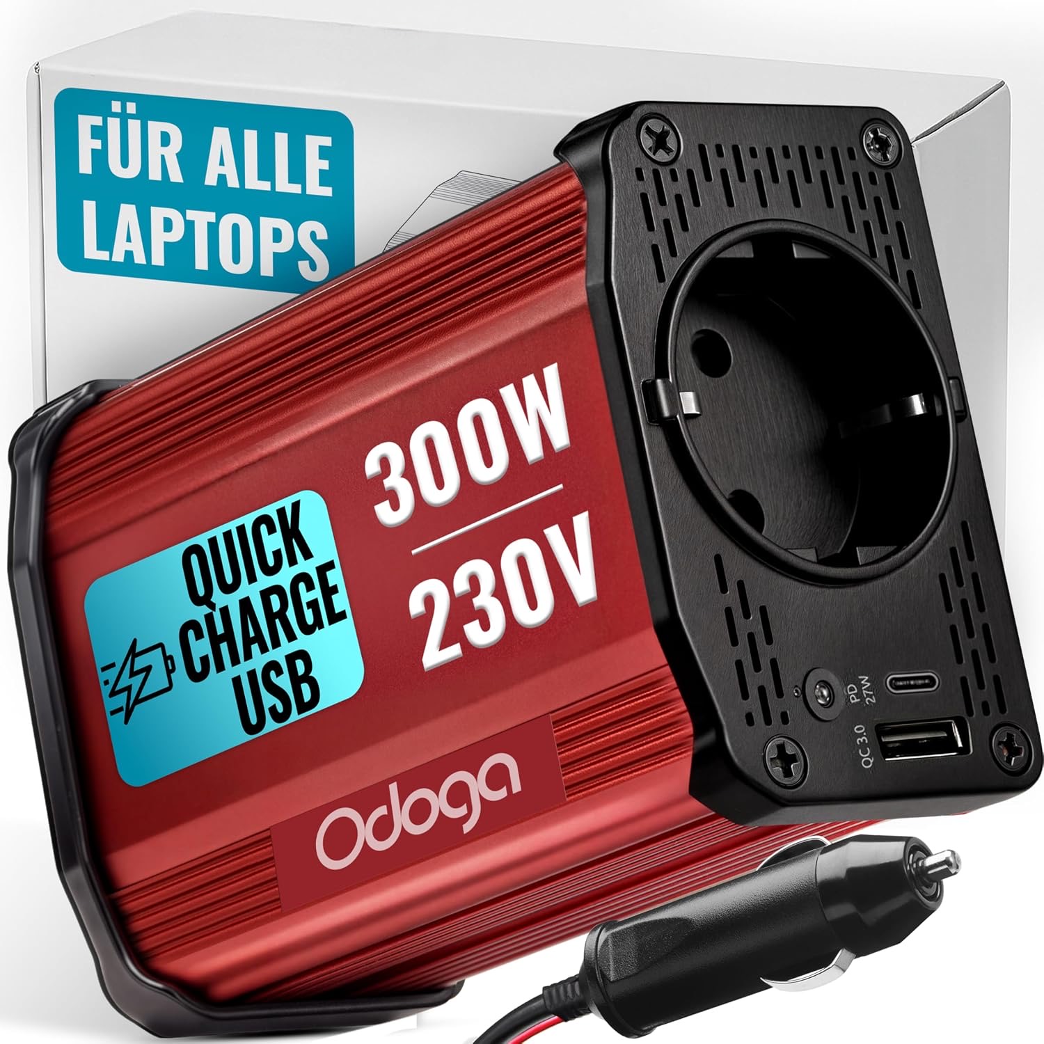 Odoga Wechselrichter 12V auf 230V 300W – Zigarettenanzünder Adapter USB-C & USB-A