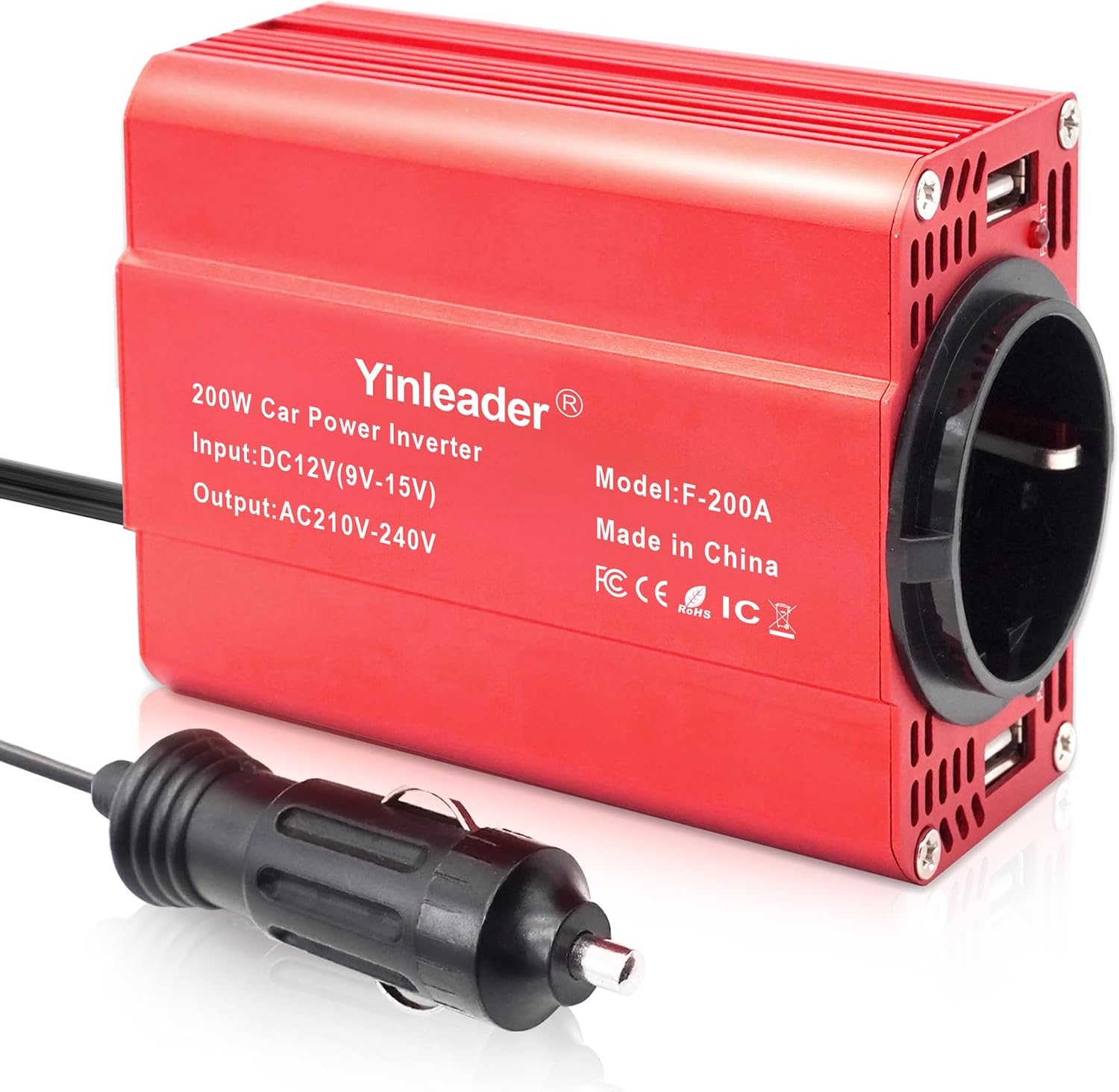 Wechselrichter 200W 12V zu 230V 2 USB-Euro-Steckdosen Kfz-Spannungswandler Kfz-Zigarettenanzünder-Adapter Rot