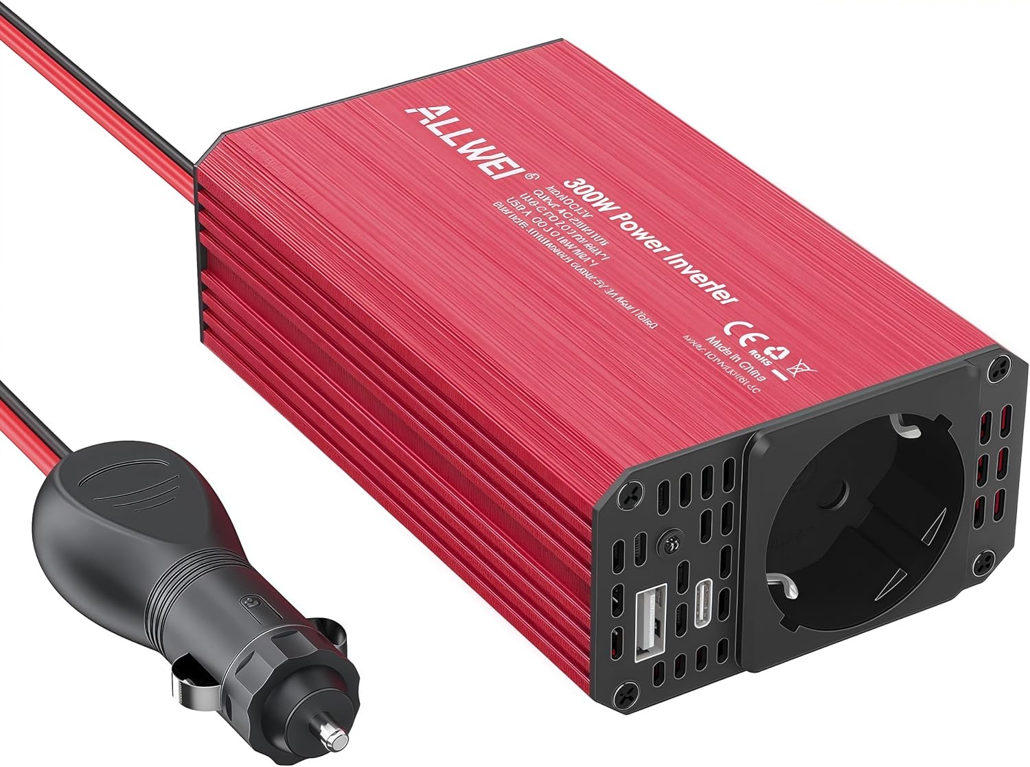 ALLWEI ALLWEI 300W Wechselrichter 12V auf 230V Spannungswandler, Stromwandler mit Typ-C & USB Anschluss, Inverter 12V 220V, Auto Steckdose für Auto, Laden von Handys, Laptops und Anderen Geräten(Rot)