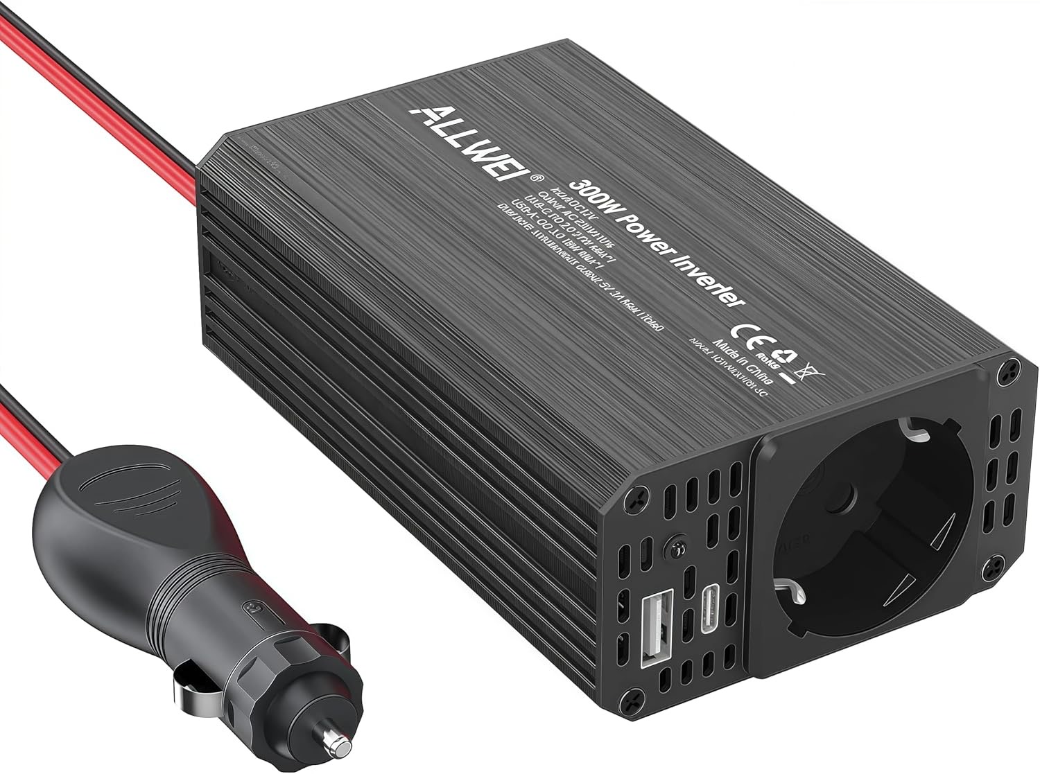 ALLWEI 300W Wechselrichter 12V auf 230V Spannungswandler, Stromwandler mit Typ-C & USB Anschluss, Inverter 12V 220V, Auto Steckdose für Auto, Laden von Handys, Laptops und Anderen Geräten (Schwarz)