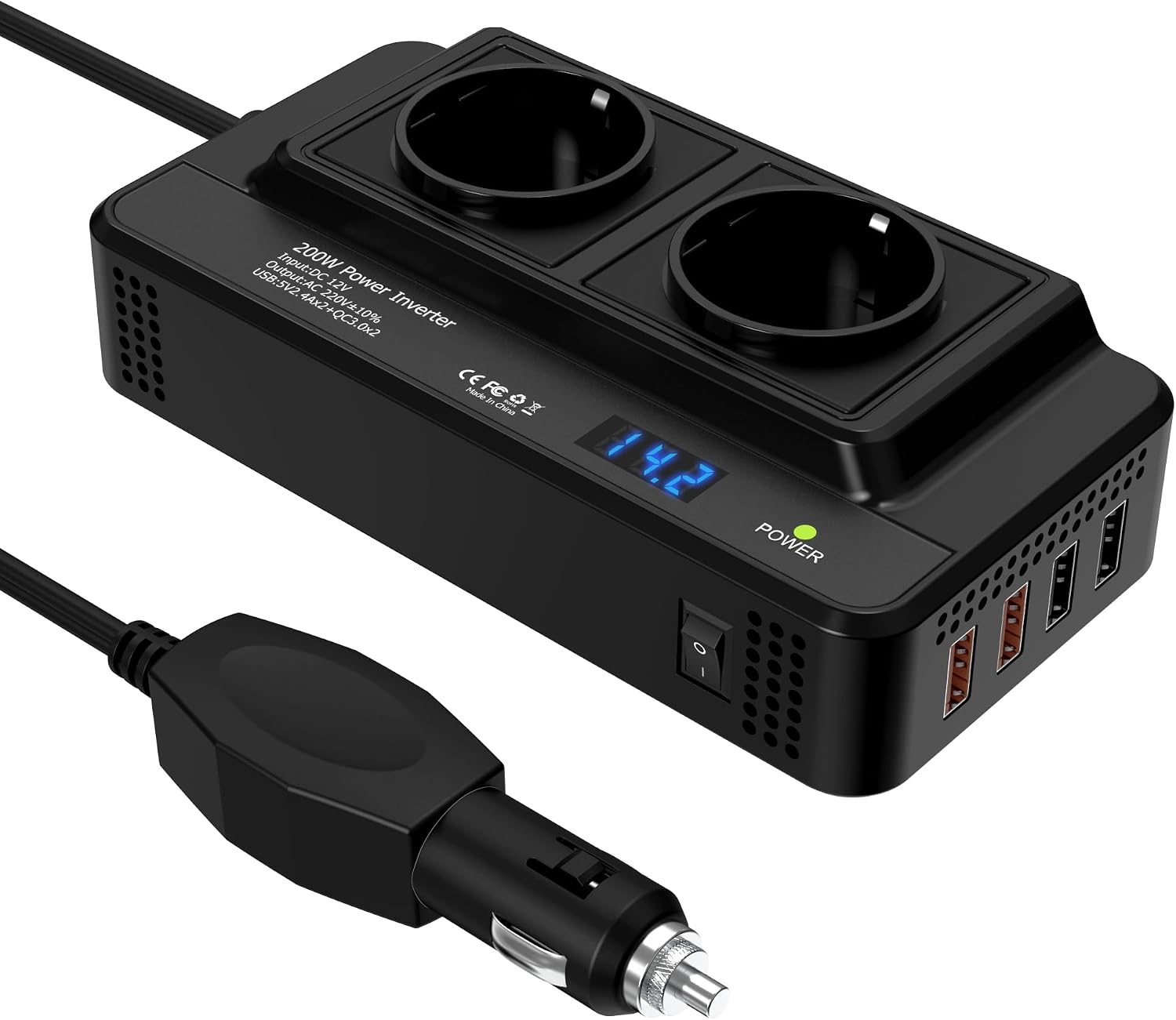 200W Auto Spannungswandler Wechselrichter DC 12V to AC 230V mit 2 Steckdosen und 4 USB Ports Schnelles Aufladen KFZ Ladegerät mit Zigarettenanzünderstecker für Geschaeftsfahrten und Urlaub