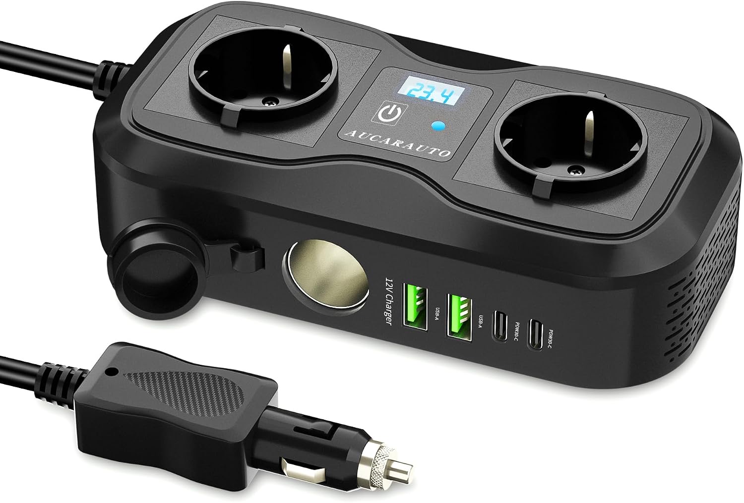 7in1 Wechselrichter 12V auf 230V, 200W Auto Spannungswandler Stromwandler mit 2 Steckdosen und 4 USB-C USB-A Ports Schnelles Aufladen KFZ Ladegerät mit Zigarettenanzünderstecker für Laptop